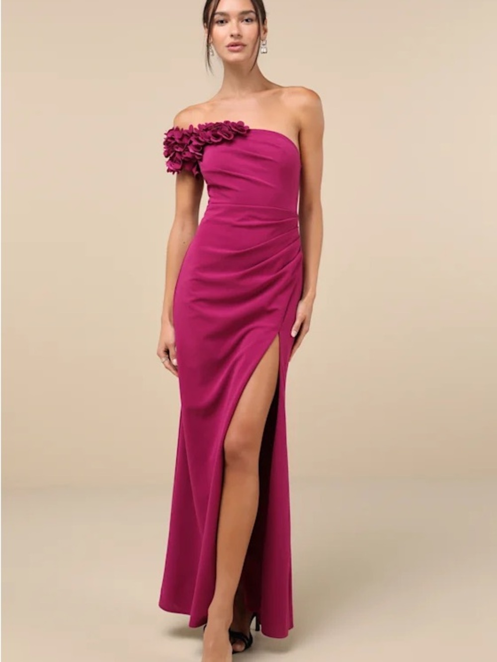 Beyond Elegant Magenta 3D Floral One-Shoulder Maxi Dress